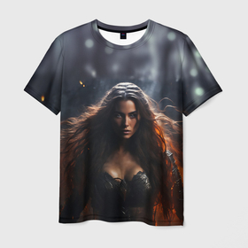 Мужская футболка 3D с принтом Женщина волшебница с огнем в Петрозаводске, 100% полиэфир | прямой крой, круглый вырез горловины, длина до линии бедер | 