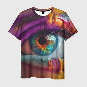 Мужская футболка 3D с принтом Разноцветная краска и глаз в Тюмени, 100% полиэфир | прямой крой, круглый вырез горловины, длина до линии бедер | 
