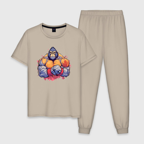 Мужская пижама хлопок с принтом Горилла бодибилдер в Новосибирске, 100% хлопок | брюки и футболка прямого кроя, без карманов, на брюках мягкая резинка на поясе и по низу штанин
 | 