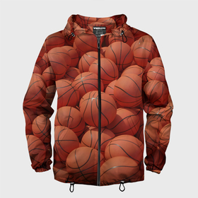 Мужская ветровка 3D с принтом Узор с баскетбольными мячами в Санкт-Петербурге, 100% полиэстер | подол и капюшон оформлены резинкой с фиксаторами, два кармана без застежек по бокам, один потайной карман на груди | 
