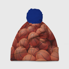 Шапка 3D c помпоном с принтом Узор с баскетбольными мячами , 100% полиэстер | универсальный размер, печать по всей поверхности изделия | 
