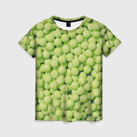 Женская футболка 3D с принтом Узор из теннисных мячей в Санкт-Петербурге, 100% полиэфир ( синтетическое хлопкоподобное полотно) | прямой крой, круглый вырез горловины, длина до линии бедер | 