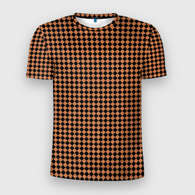 Мужская футболка 3D Slim с принтом Шахматка чёрно коричневая , 100% полиэстер с улучшенными характеристиками | приталенный силуэт, круглая горловина, широкие плечи, сужается к линии бедра | 