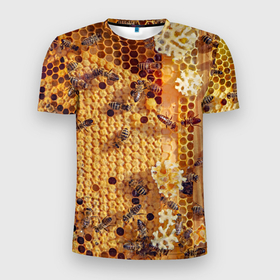 Мужская футболка 3D Slim с принтом Пчёлы и соты с мёдом в Новосибирске, 100% полиэстер с улучшенными характеристиками | приталенный силуэт, круглая горловина, широкие плечи, сужается к линии бедра | 