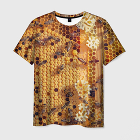 Мужская футболка 3D с принтом Пчёлы и соты с мёдом в Санкт-Петербурге, 100% полиэфир | прямой крой, круглый вырез горловины, длина до линии бедер | 