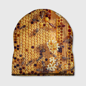 Шапка 3D с принтом Пчёлы и соты с мёдом в Новосибирске, 100% полиэстер | универсальный размер, печать по всей поверхности изделия | 