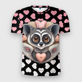 Мужская футболка 3D Slim с принтом Лемур и сердечки с надписью love в Петрозаводске, 100% полиэстер с улучшенными характеристиками | приталенный силуэт, круглая горловина, широкие плечи, сужается к линии бедра | 