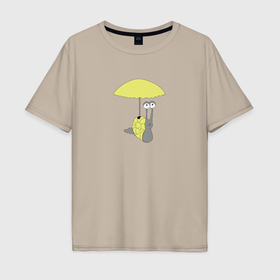 Мужская футболка хлопок Oversize с принтом Улитка c зонтиком желтого цвета в Курске, 100% хлопок | свободный крой, круглый ворот, “спинка” длиннее передней части | 