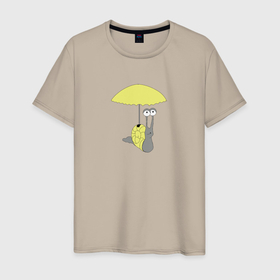 Мужская футболка хлопок с принтом Улитка c зонтиком желтого цвета , 100% хлопок | прямой крой, круглый вырез горловины, длина до линии бедер, слегка спущенное плечо. | Тематика изображения на принте: 