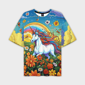 Мужская футболка oversize 3D с принтом Единорог в цветах в Курске,  |  | 