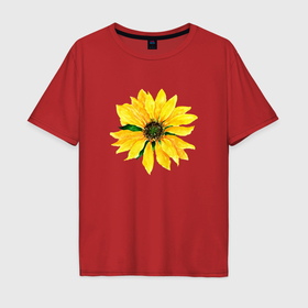 Мужская футболка хлопок Oversize с принтом Акварельный подсолнух летний цветок в Екатеринбурге, 100% хлопок | свободный крой, круглый ворот, “спинка” длиннее передней части | 