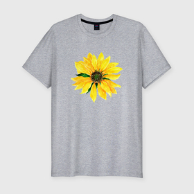 Мужская футболка хлопок Slim с принтом Акварельный подсолнух летний цветок в Екатеринбурге, 92% хлопок, 8% лайкра | приталенный силуэт, круглый вырез ворота, длина до линии бедра, короткий рукав | 