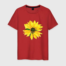 Мужская футболка хлопок с принтом Акварельный подсолнух летний цветок в Екатеринбурге, 100% хлопок | прямой крой, круглый вырез горловины, длина до линии бедер, слегка спущенное плечо. | 