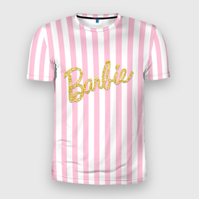 Мужская футболка 3D Slim с принтом Barbie   золотая надпись и бело розовые полосы в Петрозаводске, 100% полиэстер с улучшенными характеристиками | приталенный силуэт, круглая горловина, широкие плечи, сужается к линии бедра | 