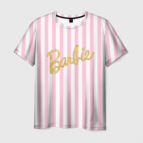 Мужская футболка 3D с принтом Barbie   золотая надпись и бело розовые полосы в Тюмени, 100% полиэфир | прямой крой, круглый вырез горловины, длина до линии бедер | 