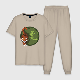 Мужская пижама хлопок с принтом Год тигра на китайском , 100% хлопок | брюки и футболка прямого кроя, без карманов, на брюках мягкая резинка на поясе и по низу штанин
 | 