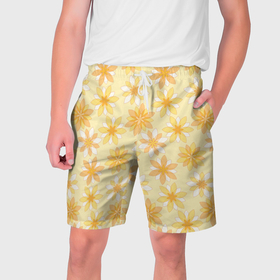 Мужские шорты 3D с принтом Желтые геометричные цветы в Санкт-Петербурге,  полиэстер 100% | прямой крой, два кармана без застежек по бокам. Мягкая трикотажная резинка на поясе, внутри которой широкие завязки. Длина чуть выше колен | 