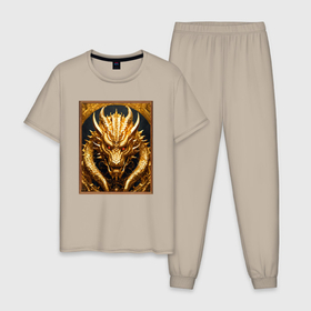 Мужская пижама хлопок с принтом Нейросеть   золотой дракон в Кировске, 100% хлопок | брюки и футболка прямого кроя, без карманов, на брюках мягкая резинка на поясе и по низу штанин
 | 