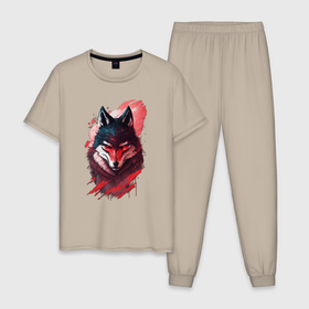 Мужская пижама хлопок с принтом Красный волк ниндзя в Санкт-Петербурге, 100% хлопок | брюки и футболка прямого кроя, без карманов, на брюках мягкая резинка на поясе и по низу штанин
 | Тематика изображения на принте: 