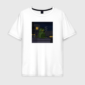 Мужская футболка хлопок Oversize с принтом Грустный кот сидит и курит на крыше цветной в Тюмени, 100% хлопок | свободный крой, круглый ворот, “спинка” длиннее передней части | Тематика изображения на принте: 