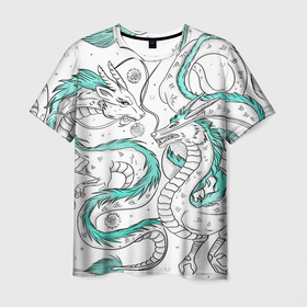 Мужская футболка 3D с принтом Дракон Хаку в стиле тату: белый и бирюзовый паттерн , 100% полиэфир | прямой крой, круглый вырез горловины, длина до линии бедер | 
