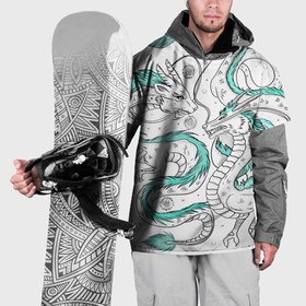 Накидка на куртку 3D с принтом Дракон Хаку в стиле тату: белый и бирюзовый паттерн в Петрозаводске, 100% полиэстер |  | Тематика изображения на принте: 