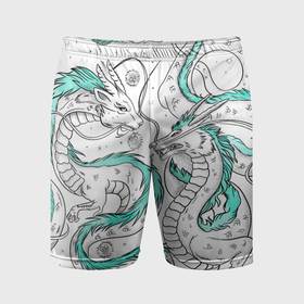 Мужские шорты спортивные с принтом Дракон Хаку в стиле тату: белый и бирюзовый паттерн в Санкт-Петербурге,  |  | Тематика изображения на принте: 
