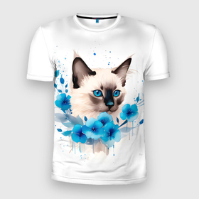 Мужская футболка 3D Slim с принтом Голубоглазый сиамский котенок в Новосибирске, 100% полиэстер с улучшенными характеристиками | приталенный силуэт, круглая горловина, широкие плечи, сужается к линии бедра | 