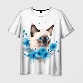 Мужская футболка 3D с принтом Голубоглазый сиамский котенок , 100% полиэфир | прямой крой, круглый вырез горловины, длина до линии бедер | 