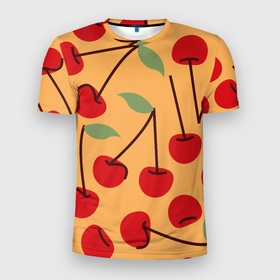 Мужская футболка 3D Slim с принтом Красные ягоды вишни на оранжевом фоне в Екатеринбурге, 100% полиэстер с улучшенными характеристиками | приталенный силуэт, круглая горловина, широкие плечи, сужается к линии бедра | Тематика изображения на принте: 