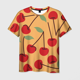 Мужская футболка 3D с принтом Красные ягоды вишни на оранжевом фоне в Екатеринбурге, 100% полиэфир | прямой крой, круглый вырез горловины, длина до линии бедер | Тематика изображения на принте: 