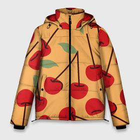 Мужская зимняя куртка 3D с принтом Красные ягоды вишни на оранжевом фоне в Екатеринбурге, верх — 100% полиэстер; подкладка — 100% полиэстер; утеплитель — 100% полиэстер | длина ниже бедра, свободный силуэт Оверсайз. Есть воротник-стойка, отстегивающийся капюшон и ветрозащитная планка. 

Боковые карманы с листочкой на кнопках и внутренний карман на молнии. | Тематика изображения на принте: 