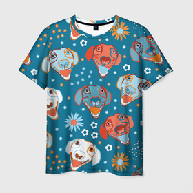 Мужская футболка 3D с принтом Милые собачьи мордашки с цветами в Петрозаводске, 100% полиэфир | прямой крой, круглый вырез горловины, длина до линии бедер | 