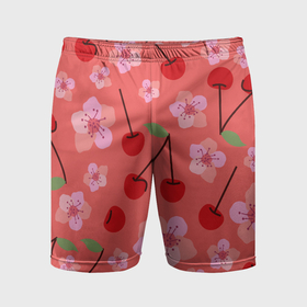 Мужские шорты спортивные с принтом Вишневые цветы и красные ягоды вишни на ветке с зеленым листом в Екатеринбурге,  |  | Тематика изображения на принте: 