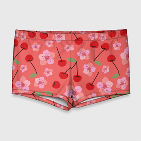 Мужские купальные плавки 3D с принтом Вишневые цветы и красные ягоды вишни на ветке с зеленым листом в Екатеринбурге, Полиэстер 85%, Спандекс 15% |  | Тематика изображения на принте: 
