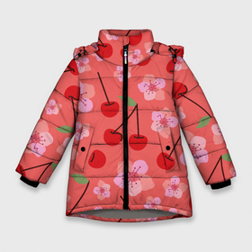Зимняя куртка для девочек 3D с принтом Вишневые цветы и красные ягоды вишни на ветке с зеленым листом в Екатеринбурге, ткань верха — 100% полиэстер; подклад — 100% полиэстер, утеплитель — 100% полиэстер. | длина ниже бедра, удлиненная спинка, воротник стойка и отстегивающийся капюшон. Есть боковые карманы с листочкой на кнопках, утяжки по низу изделия и внутренний карман на молнии. 

Предусмотрены светоотражающий принт на спинке, радужный светоотражающий элемент на пуллере молнии и на резинке для утяжки. | 