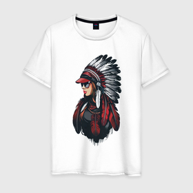 Мужская футболка хлопок с принтом Девушка вождь индейцев в кепке и очках в Санкт-Петербурге, 100% хлопок | прямой крой, круглый вырез горловины, длина до линии бедер, слегка спущенное плечо. | 