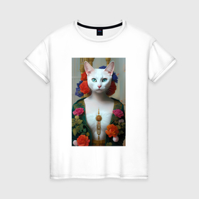 Женская футболка хлопок с принтом Кошка женщина одета в русском стиле ар нуво в Белгороде, 100% хлопок | прямой крой, круглый вырез горловины, длина до линии бедер, слегка спущенное плечо | 