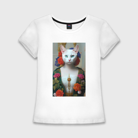 Женская футболка хлопок Slim с принтом Кошка женщина одета в русском стиле ар нуво ,  |  | 
