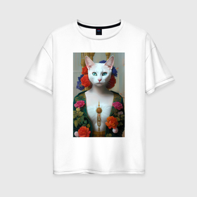 Женская футболка хлопок Oversize с принтом Кошка женщина одета в русском стиле ар нуво , 100% хлопок | свободный крой, круглый ворот, спущенный рукав, длина до линии бедер
 | 