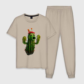 Мужская пижама хлопок с принтом PvZ cactus в Белгороде, 100% хлопок | брюки и футболка прямого кроя, без карманов, на брюках мягкая резинка на поясе и по низу штанин
 | 