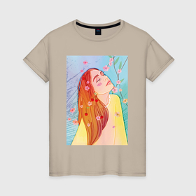 Женская футболка хлопок с принтом Рыжеволосая девушка с закрытыми глазами на фоне цветов Сакуры в Курске, 100% хлопок | прямой крой, круглый вырез горловины, длина до линии бедер, слегка спущенное плечо | 