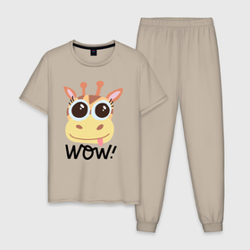 Мужская пижама хлопок с принтом Wow giraffe , 100% хлопок | брюки и футболка прямого кроя, без карманов, на брюках мягкая резинка на поясе и по низу штанин
 | 