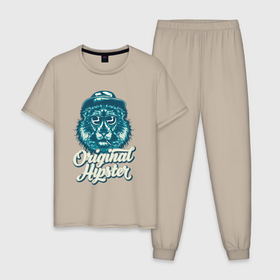 Мужская пижама хлопок с принтом Lion hipster в Белгороде, 100% хлопок | брюки и футболка прямого кроя, без карманов, на брюках мягкая резинка на поясе и по низу штанин
 | Тематика изображения на принте: 