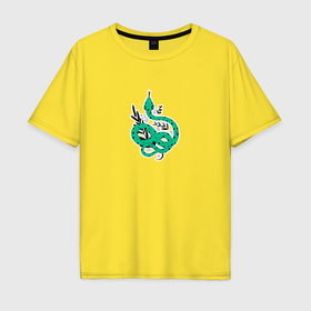 Мужская футболка хлопок Oversize с принтом Змея зеленая в горошек с листиками в Кировске, 100% хлопок | свободный крой, круглый ворот, “спинка” длиннее передней части | 