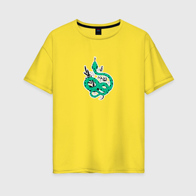 Женская футболка хлопок Oversize с принтом Змея зеленая в горошек с листиками в Кировске, 100% хлопок | свободный крой, круглый ворот, спущенный рукав, длина до линии бедер
 | Тематика изображения на принте: 