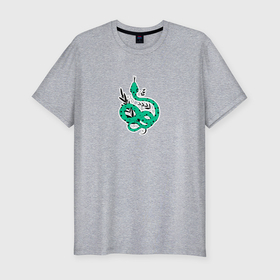 Мужская футболка хлопок Slim с принтом Змея зеленая в горошек с листиками в Кировске, 92% хлопок, 8% лайкра | приталенный силуэт, круглый вырез ворота, длина до линии бедра, короткий рукав | 