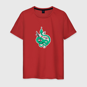 Мужская футболка хлопок с принтом Змея зеленая в горошек с листиками в Кировске, 100% хлопок | прямой крой, круглый вырез горловины, длина до линии бедер, слегка спущенное плечо. | Тематика изображения на принте: 
