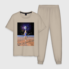 Мужская пижама хлопок с принтом Девушка с планеты Земля на Марсе в Санкт-Петербурге, 100% хлопок | брюки и футболка прямого кроя, без карманов, на брюках мягкая резинка на поясе и по низу штанин
 | 
