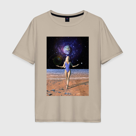 Мужская футболка хлопок Oversize с принтом Девушка с планеты Земля на Марсе в Тюмени, 100% хлопок | свободный крой, круглый ворот, “спинка” длиннее передней части | 